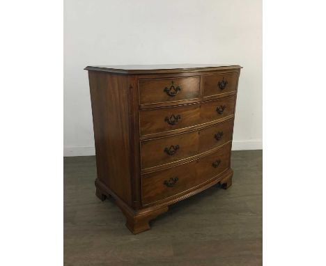 MAHOGANY REPRODUCTION BOWFRONT CHEST OF DRAWERS,with two short drawers over three full width drawers on bracket feet, 80cm hi
