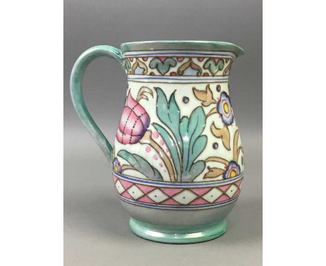 CHARLOTTE RHEAD BURLEIGH WARE BALUSTER JUG,15cm high, along with a Royal Winton 'Marguerite' jug and a Myott jug (3)All three