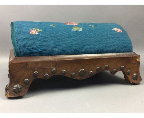VICTORIAN ROSEWOOD FOOTSTOOL,with tapestry covered domed top and the sides with bronzed studs, 41cm x 31cm, along with a Smit