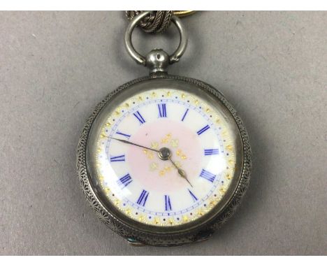 SILVER OPEN FACED POCKET WATCH,with silver compass fob with bloodstone back, and a giltmetal and glass lens