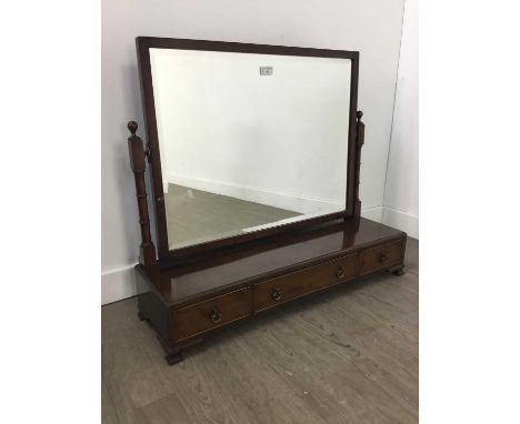 MAHOGANY DRESSING TABLE MIRROR,with turned supports and three drawers, 69cm high, 78cm wide