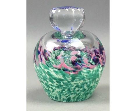 CAITHNESS GLASS PAPERWEIGHT,with detachable stopper, 10cm high, along with a plated perfume flask (2)