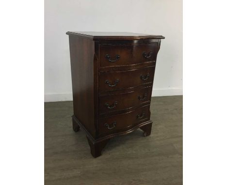 MAHOGANY REPRODUCTION SMALL SERPENTINE CHEST OF DRAWERS,with four graduated drawers, on bracket feet, 74cm high, 48cm wide, 4