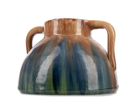 ART POTTERY PLANTER,twin-handled with drip glaze, apparently unmarked, 30cm wide