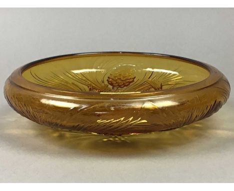 ART DECO PRESSED AMBER GLASS BOWL,17cm diameter, along with an Art Deco style figure of a dancer and a plated hip flask (3)