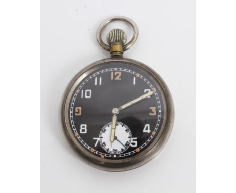 British Military steel cased open faced pocket watch with black Arabic numeral dial with luminous hands and subsidiary second