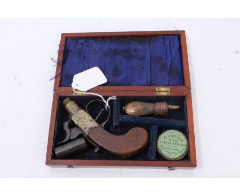 19th century percussion box lock pocket pistol with brass frame, engraved - Forest Oxford, and trophy of arms, turn-off steel