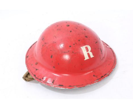 Second World War British Fire Brigade tin 'Rescue Helmet' with red painted finish and 'R' to front