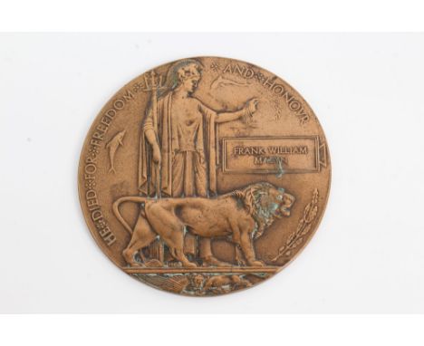 First World War memorial (death) plaque, named to Frank William Malyn