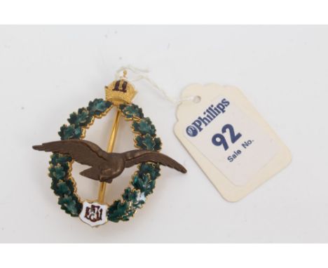 First World War Imperial Austrian Pilots' Air badge, flying eagle to centre of enamel oak leaf border, topped with Imperial c