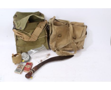 Group of mixed militaria - to include canvas webbing gas mask bag, kukri, First World War syringes and tourniquet and period 