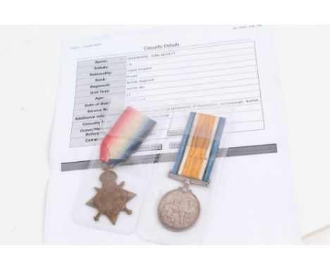 First World War casualty pair - comprising 1914 - 1915 Star and War medal, named to 3327 PTE. J. B. Greenwood. Norf.R.N.B.  P