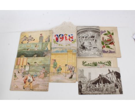 Group of First World War silk postcards, together with other cards depicting the shell damage to Arras and bombing caused by 