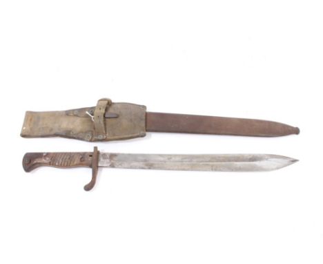 First World War Imperial German Mauser 98/05 'Butcher' bayonet in steel scabbard with leather frog