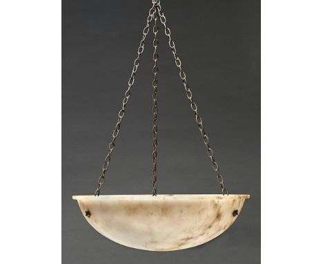 An alabaster hanging lamp bowl, early 20th c, with everted rim, 50cm diam, with three chains Condition ReportCracked; with sm