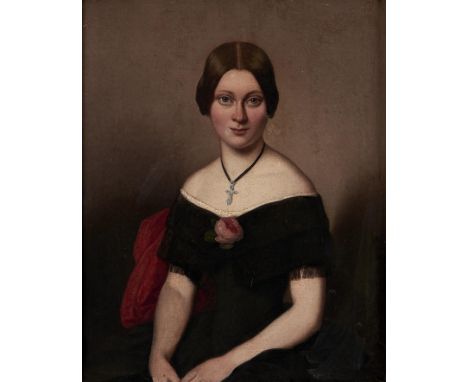 English School, 1850 - Portrait of Joanna Philips, seated three quarter length in a black dress with short fringed sleeves an