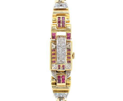 Dorothy Squires' wristwatch. A mid-century ruby, diamond and 14ct gold cocktail watch,&nbsp;the rectangular dial concealed by