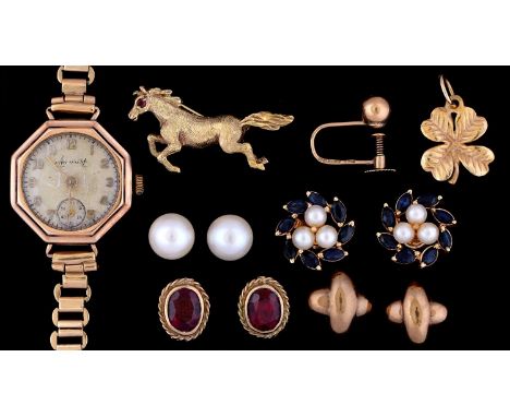 An Accurist 9ct gold octagonal lady's wristwatch, 20 x 20mm, Edinburgh 1950, gold bracelet and miscellaneous gold earrings, e