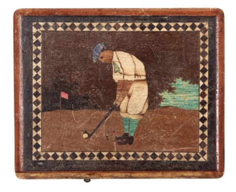 An Italian marquetry and polychrome cigarette case&nbsp;decorated with golfers, c1930, 92mm l Condition ReportComplete and in