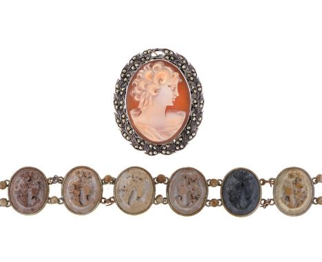 A lava cameo bracelet, 19th c, mounted in silver coloured metal, 18.5cm l and a cameo brooch in silver and marcasite mount (2