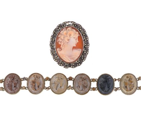 A lava cameo bracelet, 19th c, mounted in silver coloured metal, 18.5cm l and a cameo brooch in silver and marcasite mount (2