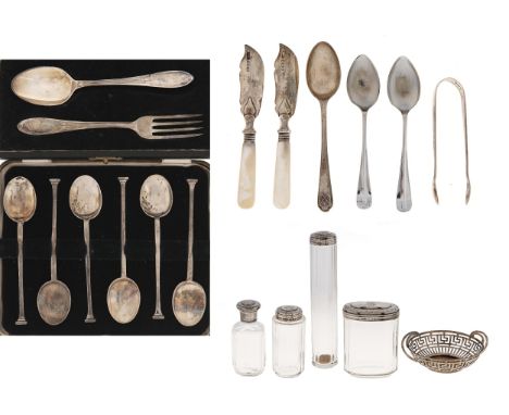 A set of six George V silver coffee spoons, seal top, by Friedman &amp; Gottliffe Ltd, Chester 1921, a cased silver christeni