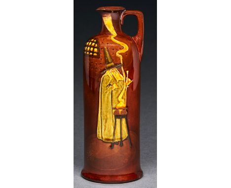 A Royal Doulton Kingsware whisky flask, c1904, of cylindrical shape and decorated with the Wizard, 24.5cm h, printed mark Con