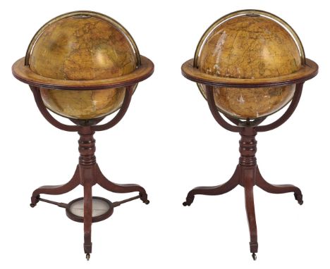 Two George III 18 inch Terrestrial and Celestial&nbsp;globes by W&nbsp; &amp; T M Bardin, 1800 and 1807,&nbsp;each sphere cov