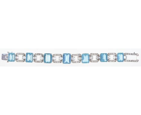 An aquamarine and diamond bracelet, mid 20th c, of seven step cut aquamarines linked by seven octagonal diamond links with ro