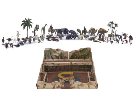 A collection of William Britain's model Zoo series hollow cast and painted animals and accessories, in two orange or yellow c