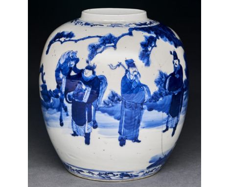 A Chinese blue and white jar,&nbsp;Qing dynasty, 18th c, painted with men including a groom with a horse in a continuous land