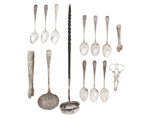 Miscellaneous silver teaspoons and other small flatware, George III and later, to include a sauce ladle, later chased, and a 