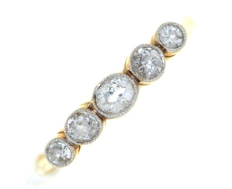 A five stone diamond ring, with millegrain collets, in gold marked 18ct, 1.7g, size H½ Condition ReportLight wear