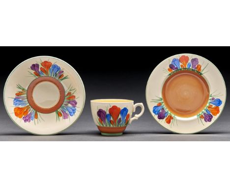 Clarice Cliff. An A J Wilkinson Crocus (1948) composed tea service, teapot and cover 12cm h, green and/or gilt printed marks 