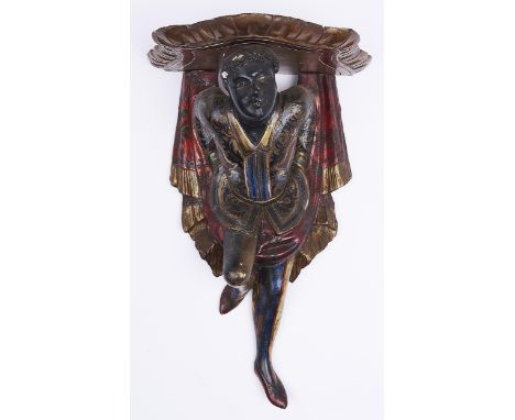 A Venetian polychrome figural wall bracket, c1900,&nbsp;48cm h, shelf 24 x 21cm Condition ReportDirty and small surface chips