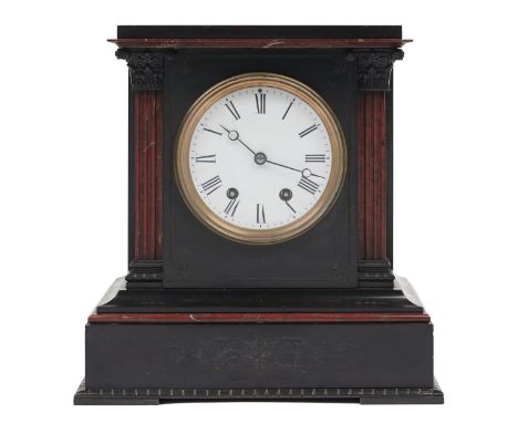 A French nero belgio and rouge griotte marble mantel clock, late 19th c, in architectural case with pilasters, having enamel 