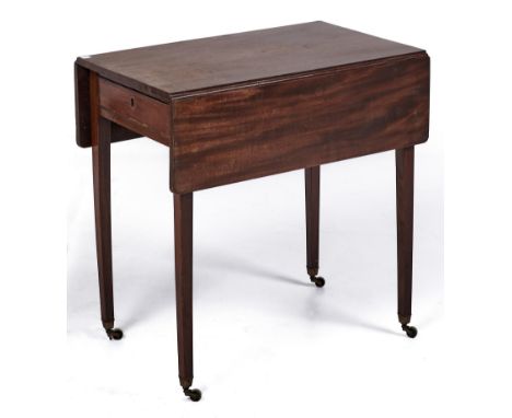 A George III mahogany Pembroke table, fitted with a drawer, on square tapered legs, brass castors, 74cm h; 74 x 85.5cm Condit