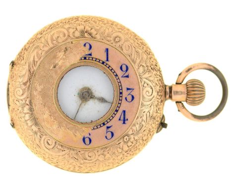 A Swiss gold and enamel half hunting cased cylinder lady's watch, c1900, 30mm, marked 14k, 20.4g Condition ReportNot in worki