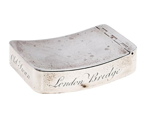 A George III silver snuff box, of plain curved oblong shape with integral joint, the sides engraved J Simpson Old Swan London