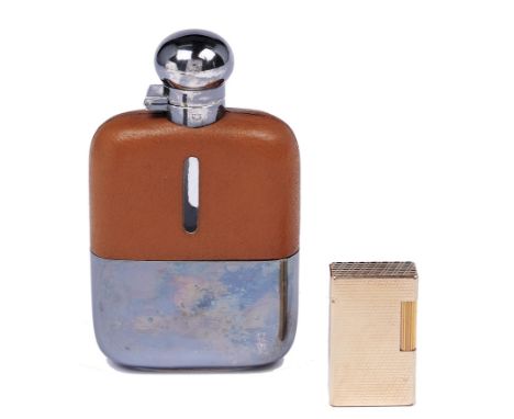 An S T Dupont gold plated cigarette lighter, number 8408DU, boxed and an EPNS mounted glass hip flask with pigskin covered sh