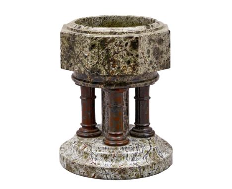 A Victorian Cornish serpentine model of a font, the octagonal bowl on four turned pillars around a central shaft, stepped foo