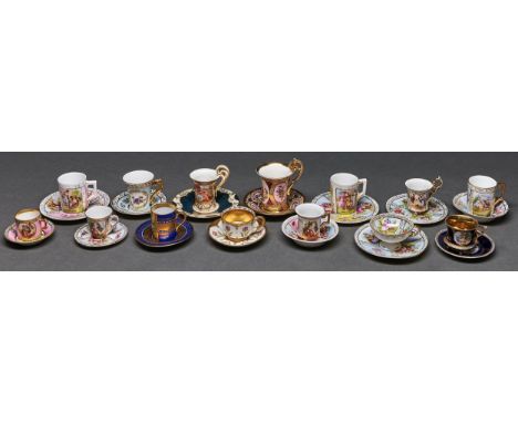 Fourteen German and other cabinet cups and saucers, early 20th c and later, mainly in Vienna style, various sizes Condition R