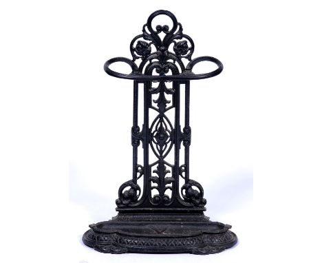 A Victorian cast iron stick stand,&nbsp; 77cm h, indistinct lozenge shaped PODR mark, black painted Condition ReportGood cond