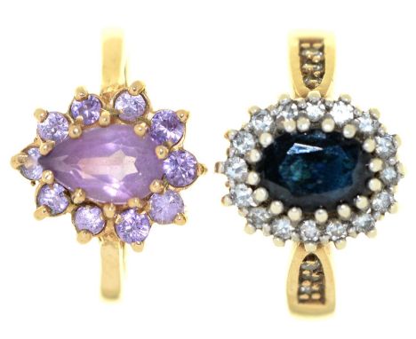 A sapphire and diamond cluster ring and a heart shaped amethyst cluster ring, both in 9ct gold, marks obscured, 5.9g, size H½