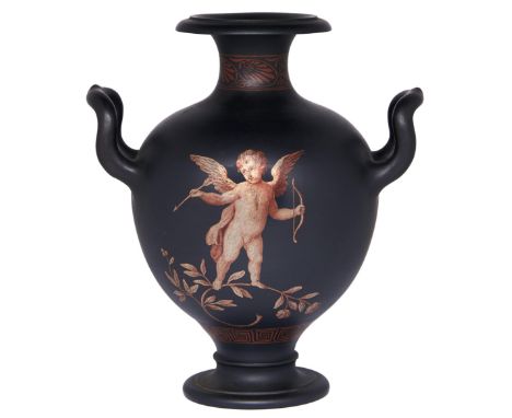 A black basalt hydria, attributed to Wedgwood, c1790, painted in encaustic colours or orange-red and white with Putto standin