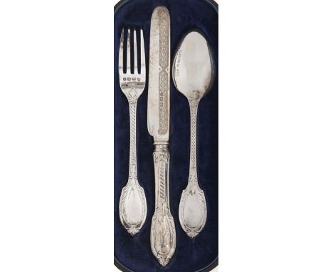A Victorian parcel gilt silver christening set, of spoon, fork and knife, by Thomas Prime &amp; Son, Birmingham 1872 and 1875