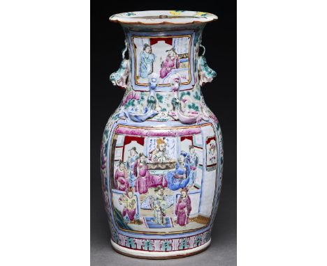 A Canton famille rose vase, 19th c, enamelled with oblong panels of figures, the ground with birds and flowers, applied with 