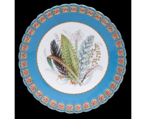 A Royal Worcester dessert plate, c1870, painted with ferns reserved on a turquoise ground in moulded gilt ribbon border, 23.5