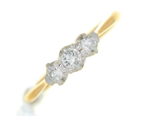 A three stone diamond ring, gold hoop marked 18ct PT, 2.5g, size H Condition ReportSlight wear