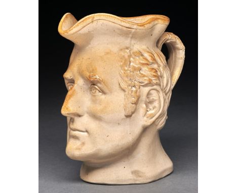 A Stephen Green saltglazed light buff stoneware jug moulded as the head of the Duke of Wellington, c1840, 19.5cm h, mark impr